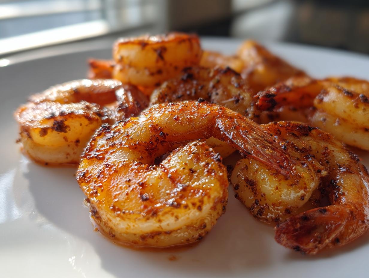 Close-up of seasoned, cooked air fryer frozen shrimp piled on a white plate, showing golden-brown, slightly charred edges.