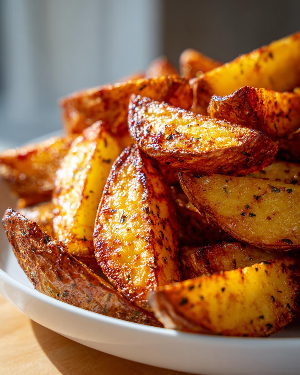 Close-up of golden brown, seasoned air fryer potato wedges piled high in a white bowl.