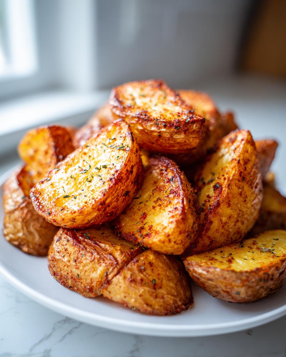 A close-up of golden brown, seasoned air fryer potato wedges piled high on a white plate.