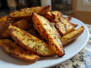 A close-up of golden brown, seasoned air fryer potato wedges piled high on a white plate.