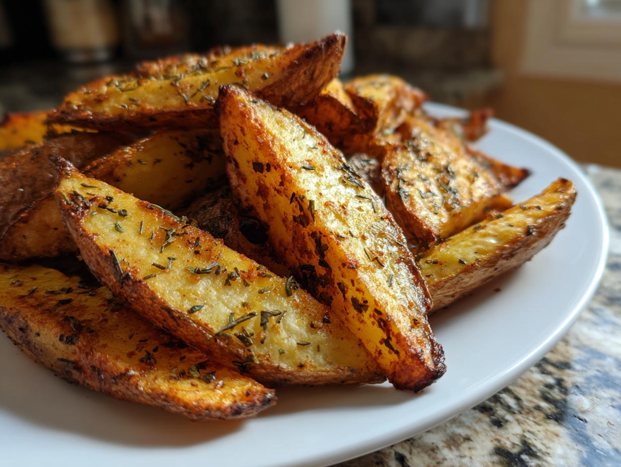 A close-up of golden brown, seasoned air fryer potato wedges piled high on a white plate.