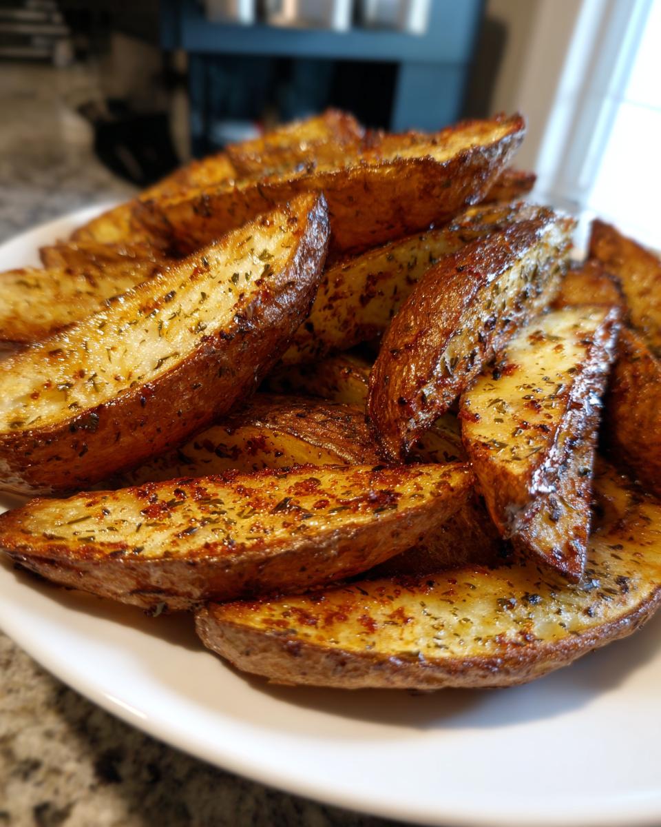 A close-up of a pile of perfectly cooked, seasoned air fryer potato wedges with crispy, golden-brown edges.