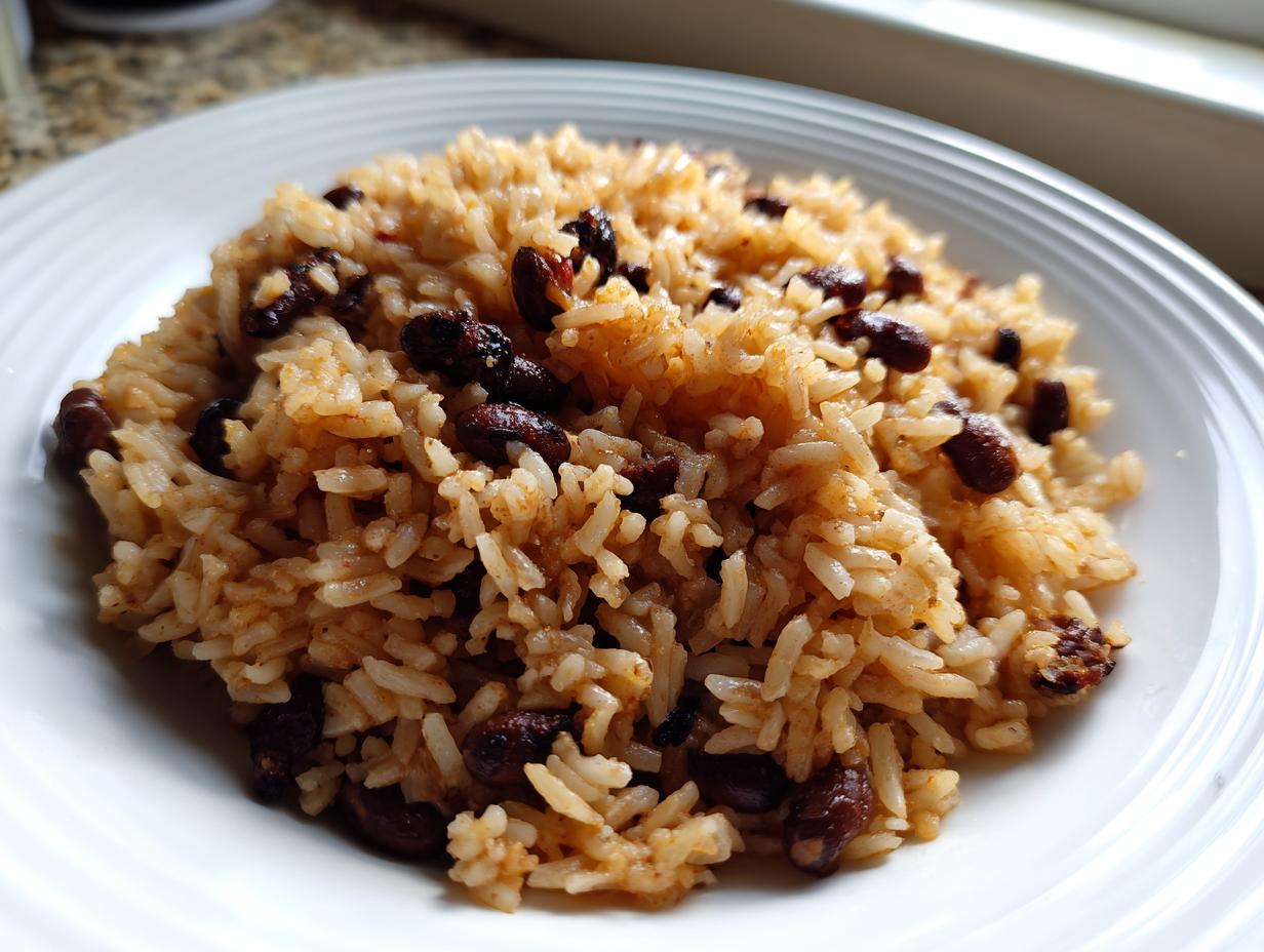 A close-up serving of flavorful, seasoned black beans and rice piled high on a white plate.