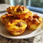 A stack of golden brown, baked egg bites, likely containing sausage or meat, served on a white plate.