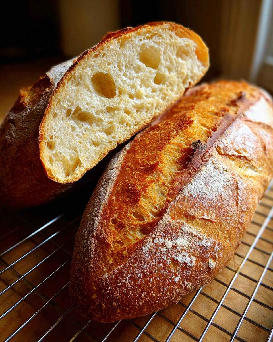 A loaf of golden-brown french bread, sliced open to show the airy interior crumb, resting on a wire cooling rack.