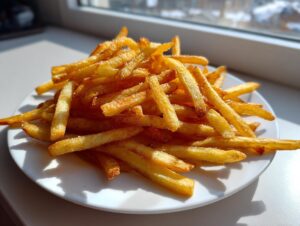A large mound of golden, crispy air fryer french fries sprinkled with salt, sitting on a white plate near a window.