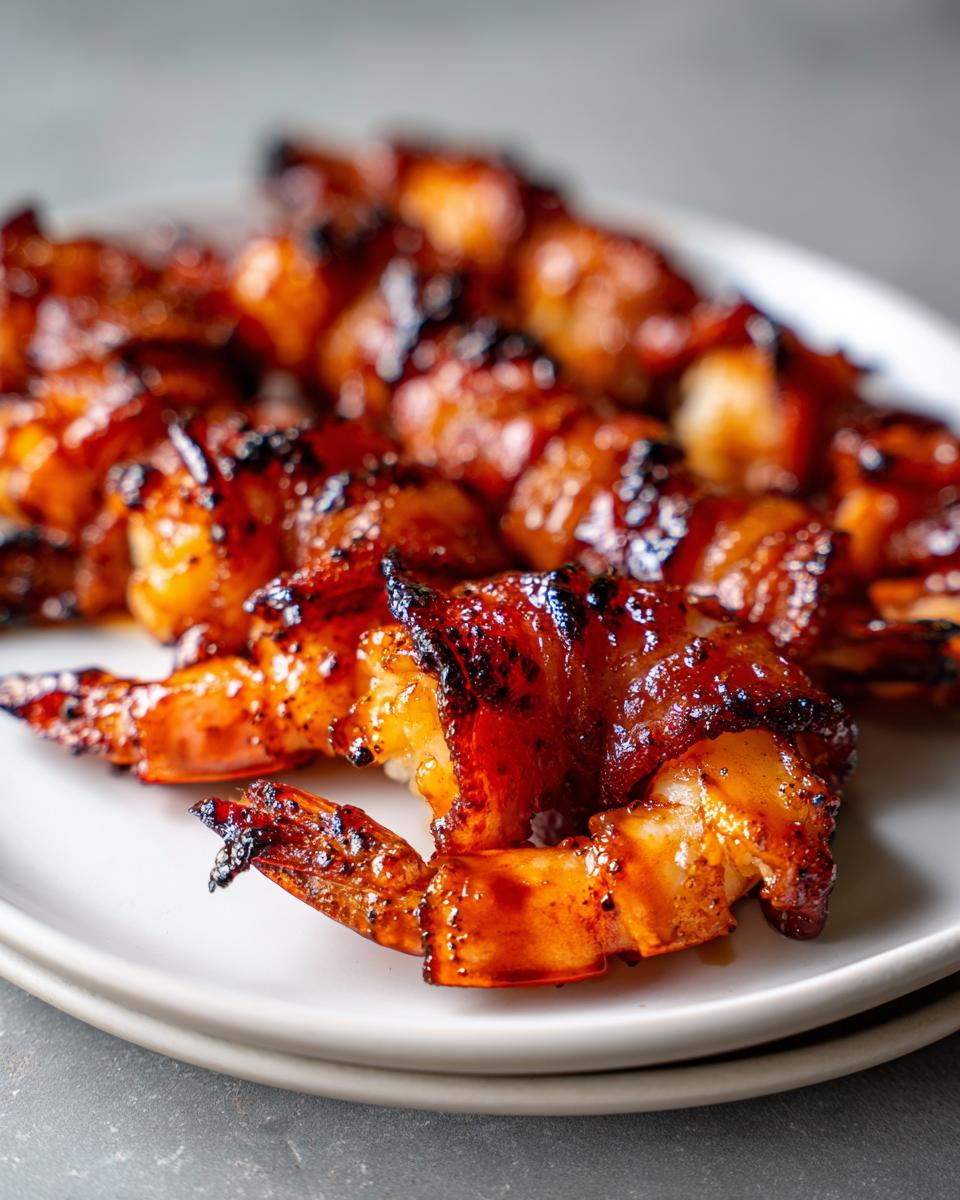 Close-up of several perfectly cooked, glazed bacon wrapped shrimp skewers resting on white plates.