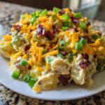 A mound of creamy baked potato salad topped generously with shredded cheddar cheese, crispy bacon bits, and fresh green onions.