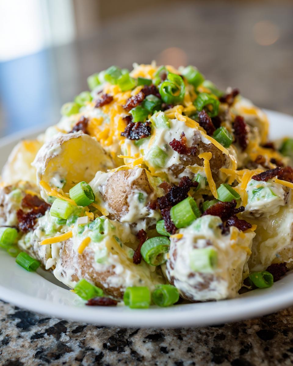 Close-up of loaded baked potato salad featuring chunks of potato coated in creamy dressing, topped with bacon bits, shredded cheddar, and green onions.