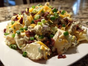 A generous serving of creamy baked potato salad topped with crumbled bacon, shredded cheddar cheese, and chopped green onions.