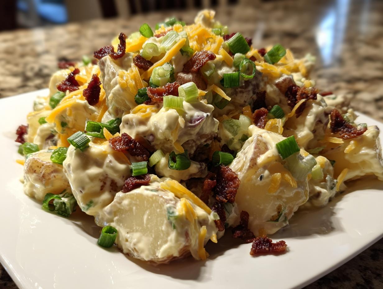 A generous serving of creamy baked potato salad topped with crumbled bacon, shredded cheddar cheese, and chopped green onions.