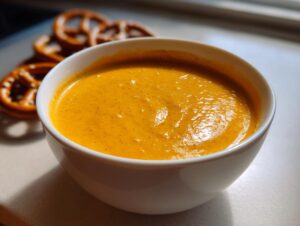 Close-up of a creamy, orange beer cheese dip served in a white bowl, with pretzels blurred in the background.