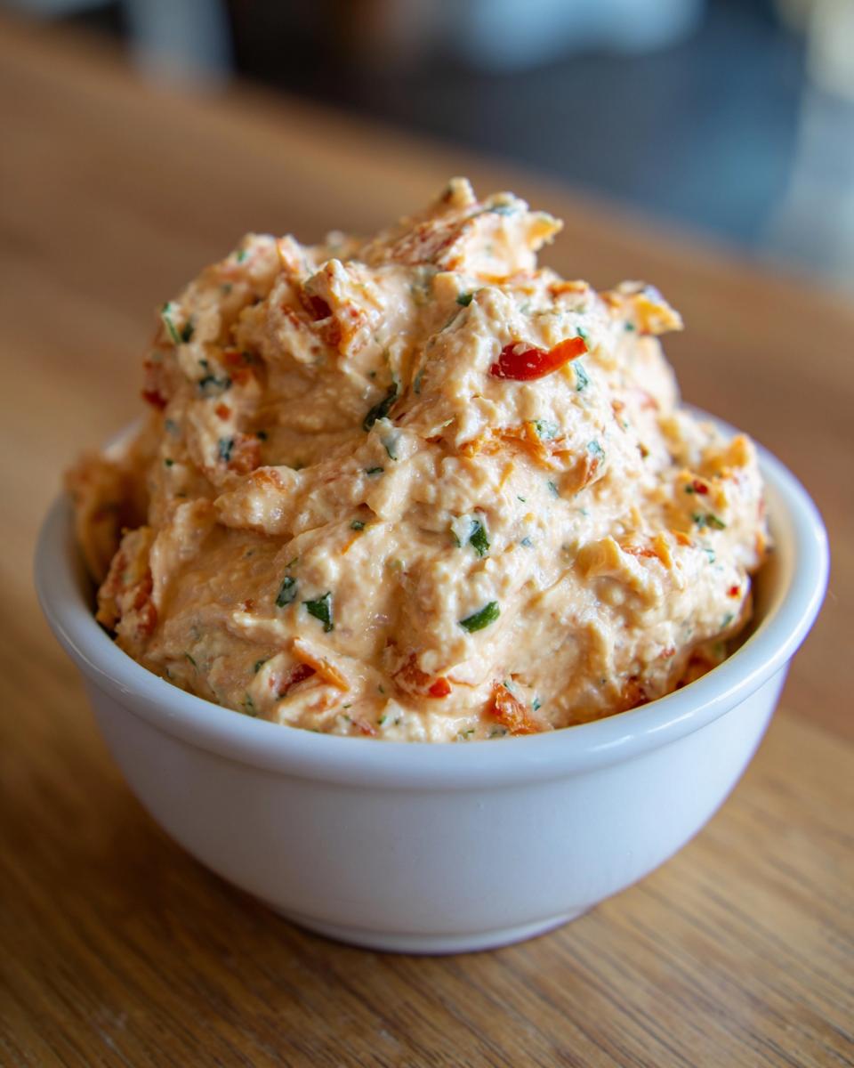 A close-up of creamy, orange-hued boat dip mixed with visible red peppers and green herbs, served in a small white bowl.