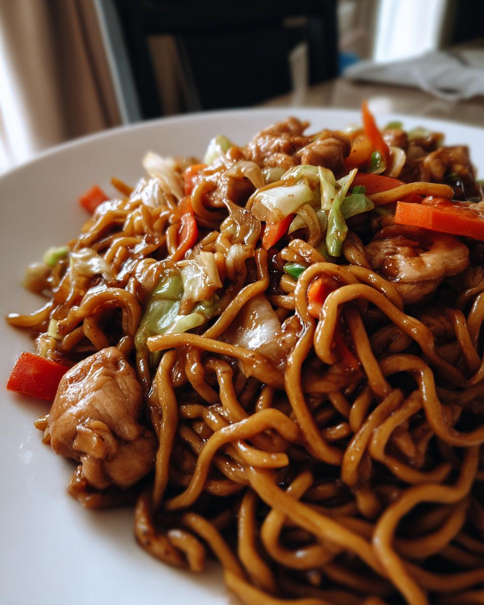 A close-up, appetizing shot of a plate of savory chicken chow mein recipe, featuring glossy noodles, chicken pieces, carrots, and cabbage.