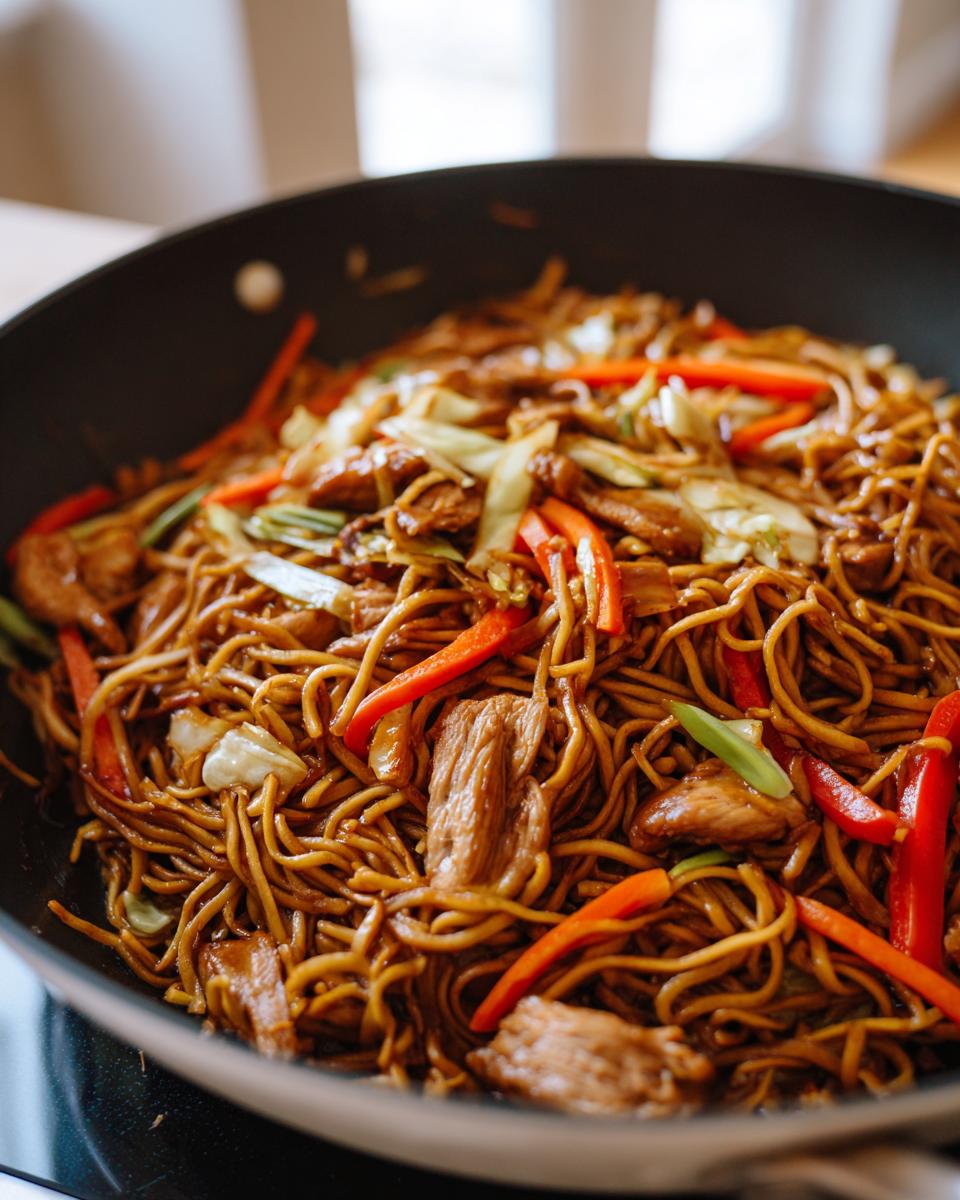 Close-up of homemade chicken chow mein recipe being cooked in a black wok with noodles, chicken pieces, and colorful vegetables.