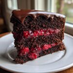 Close-up of a slice of amazing chocolate raspberry cake featuring dark layers, bright raspberry filling, and chocolate ganache drip.