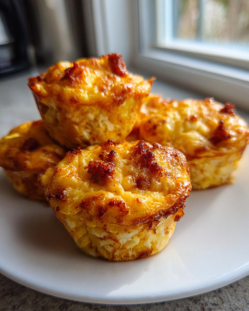 Four golden brown baked egg bites, rich with visible bits of sausage or bacon, stacked slightly on a white plate.