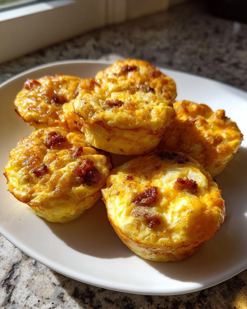 Five golden brown, baked egg bites with visible sausage pieces piled on a white plate.
