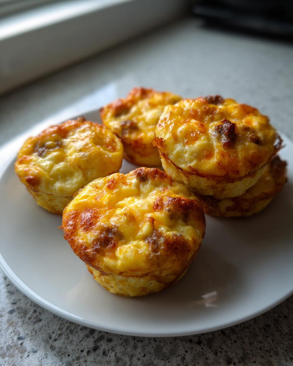 Five golden brown, cheesy egg bites made with egg and sausage, served on a white plate.