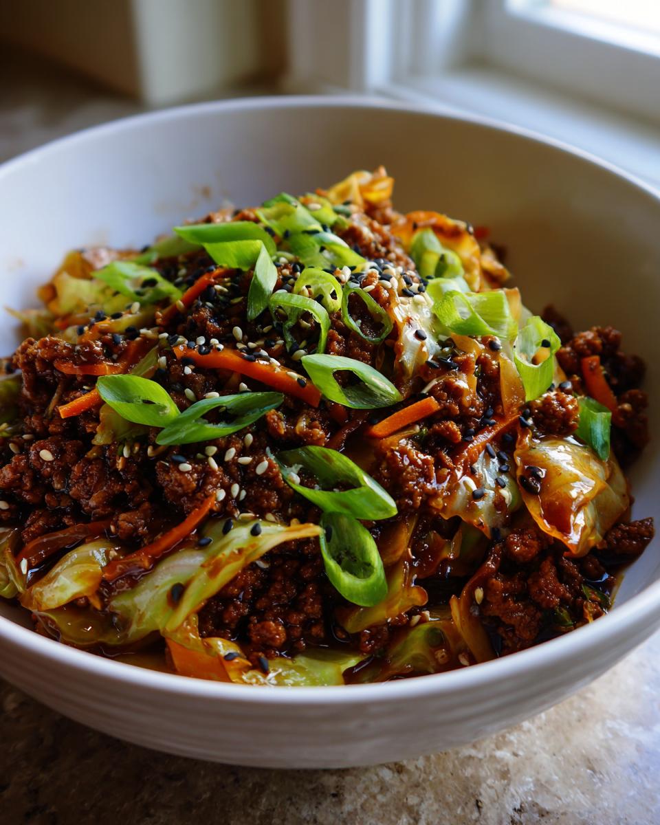 A close-up of a white bowl filled with savory egg roll in a bowl mixture, topped with green onions and sesame seeds.