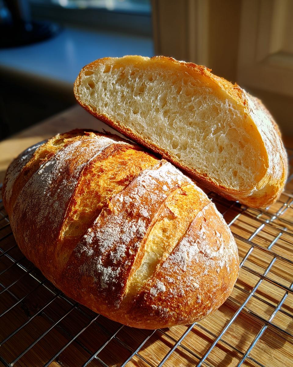 A golden-crusted, homemade french bread loaf, one half cut to show the airy interior crumb, resting on a cooling rack.