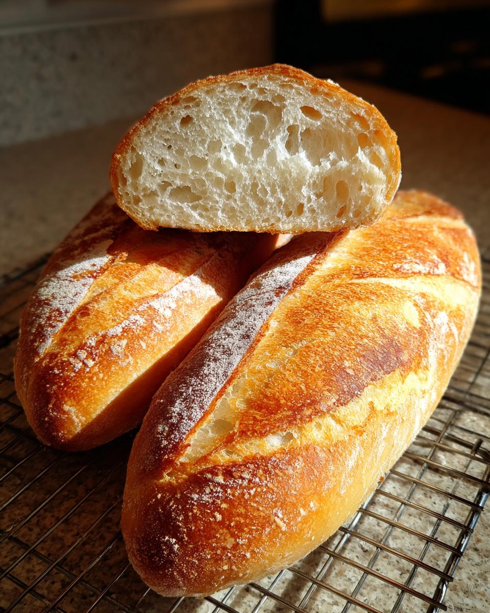 Two golden-crusted loaves of homemade french bread cooling on a wire rack, one sliced open showing the airy interior.