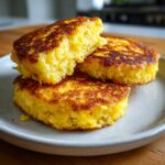 Close-up of three golden brown fried cornbread patties stacked on a light plate, showing a fluffy interior.