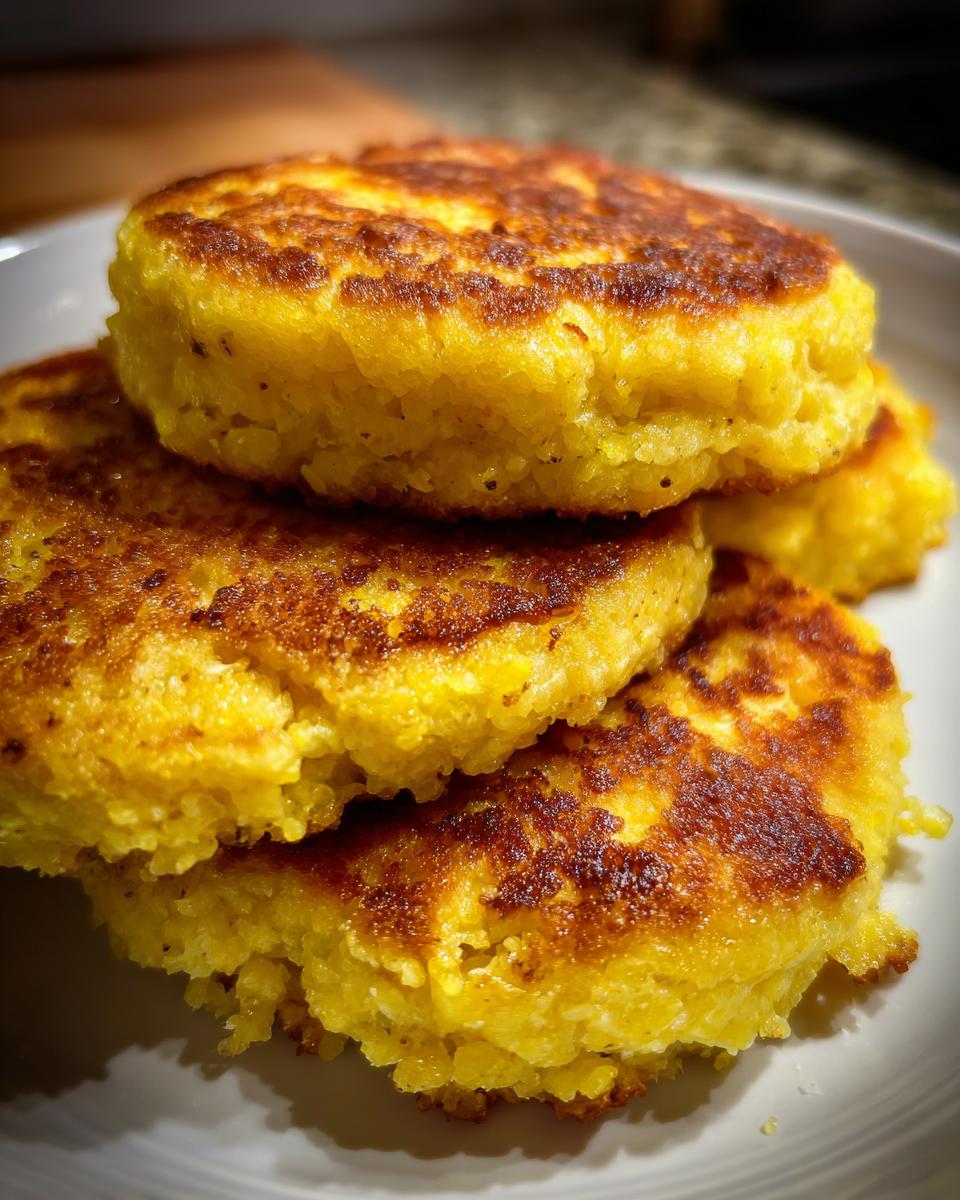 A stack of three golden-brown, perfectly pan-fried cornbread patties on a white plate.