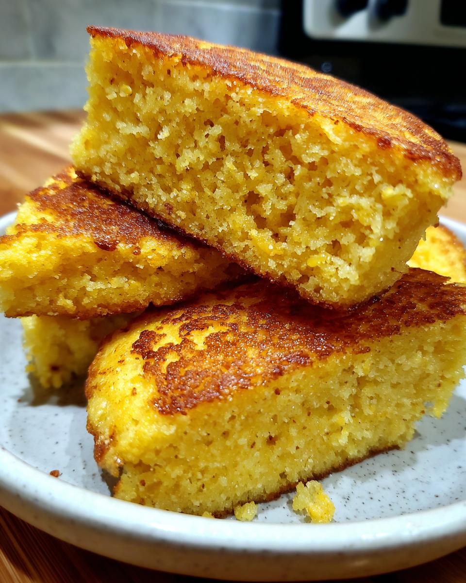 Close-up of stacked, golden yellow slices of amazing fried cornbread with crispy, browned edges.
