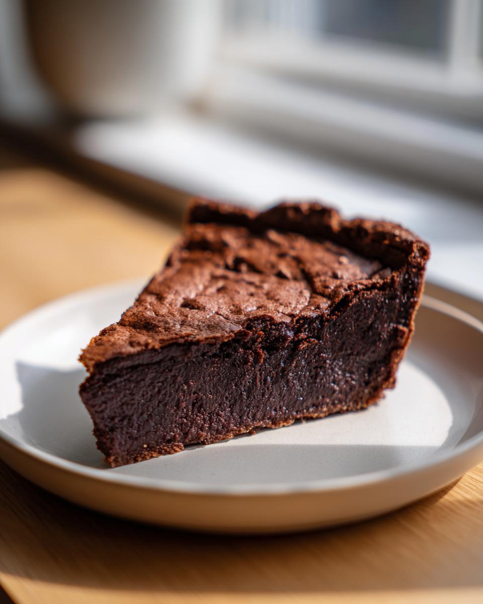A rich, dark slice of fudge pie with a dense, moist interior and slightly cracked top, served on a light plate.