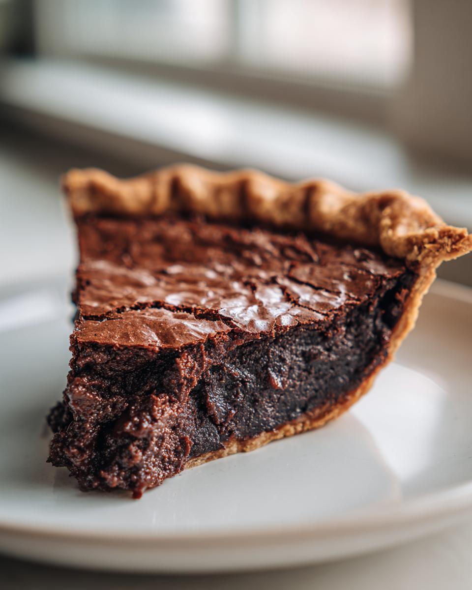 A close-up of a rich, dark slice of fudge pie showing its gooey interior and flaky crust.