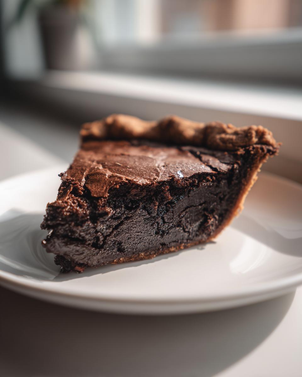 A close-up of a rich, dark slice of fudge pie showing its dense, brownie-like interior on a white plate.