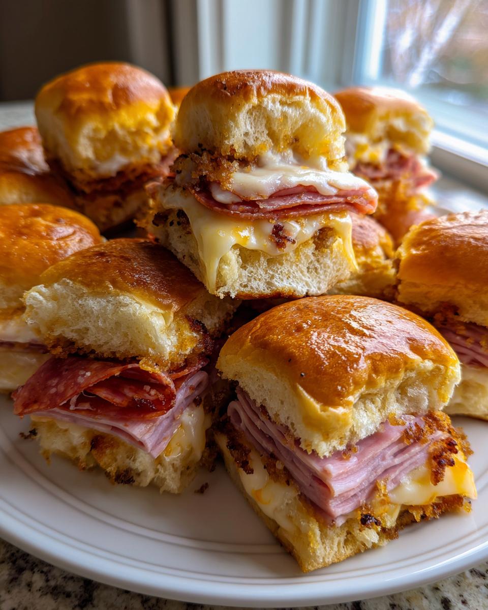 Close-up of several hot, gooey grinder sliders stacked on a white plate, featuring melted cheese and deli meats.