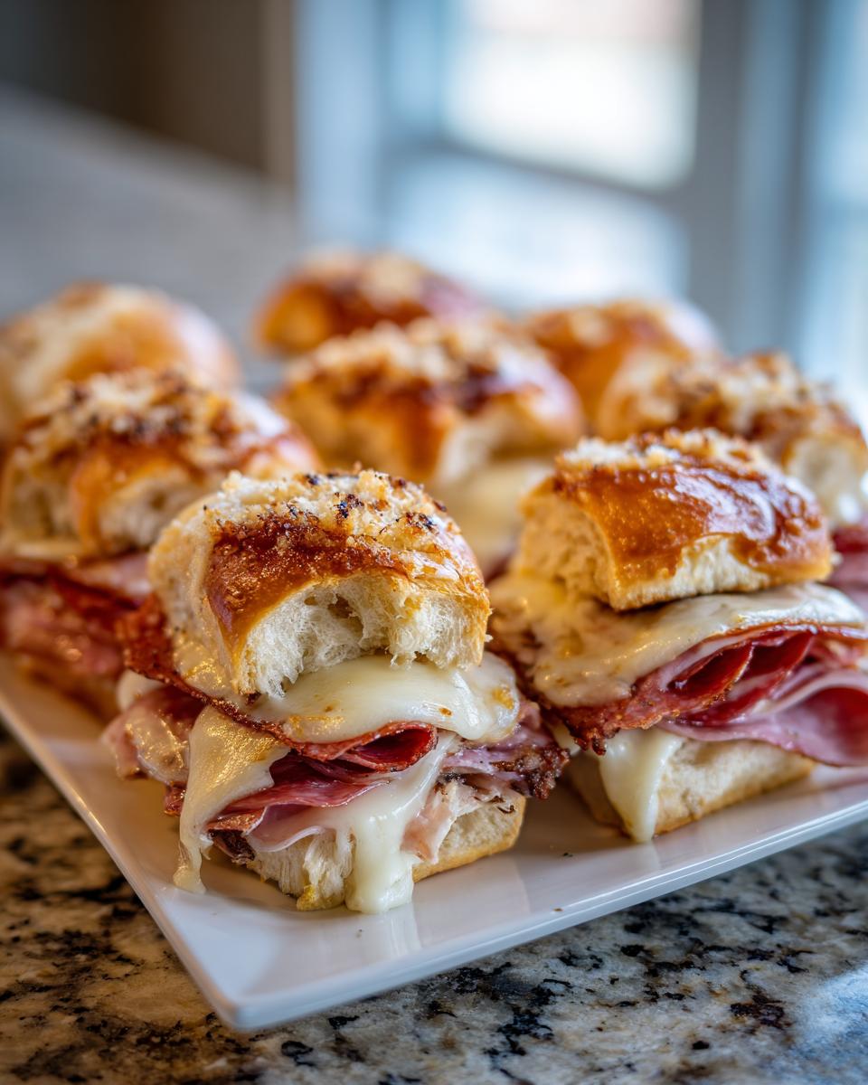 Close-up of several hot grinder sliders with melted cheese oozing over layers of deli meat on toasted buns.