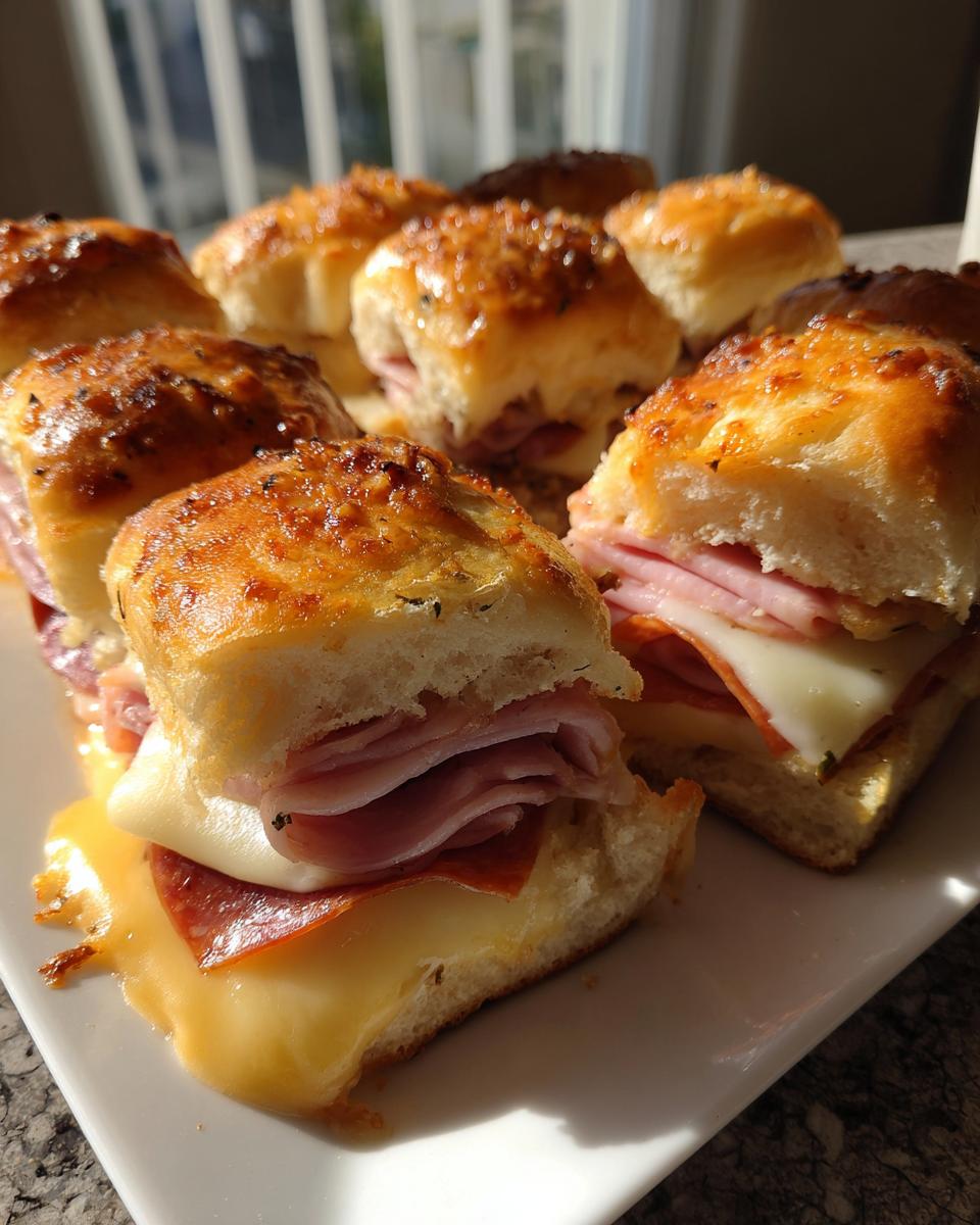 A plate of freshly baked grinder sliders showing melted cheese, ham, and pepperoni on glossy, seasoned rolls.