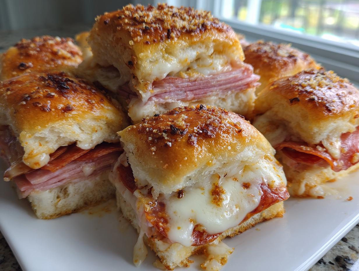 Close-up of several hot grinder sliders piled on a white plate, oozing melted cheese and topped with toasted garlic butter.