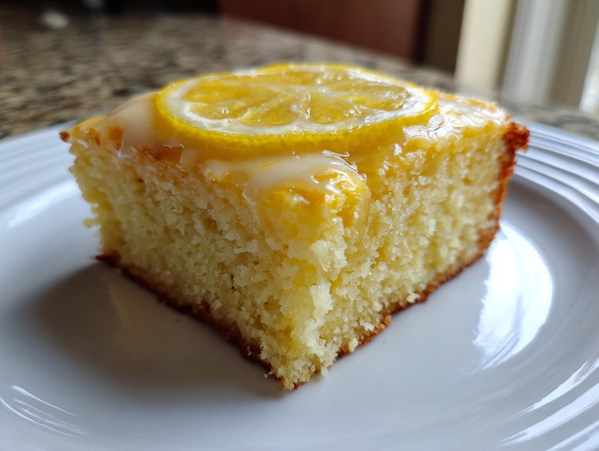 Close-up of a moist slice of lemon brownies topped with bright yellow glaze and a candied lemon slice.