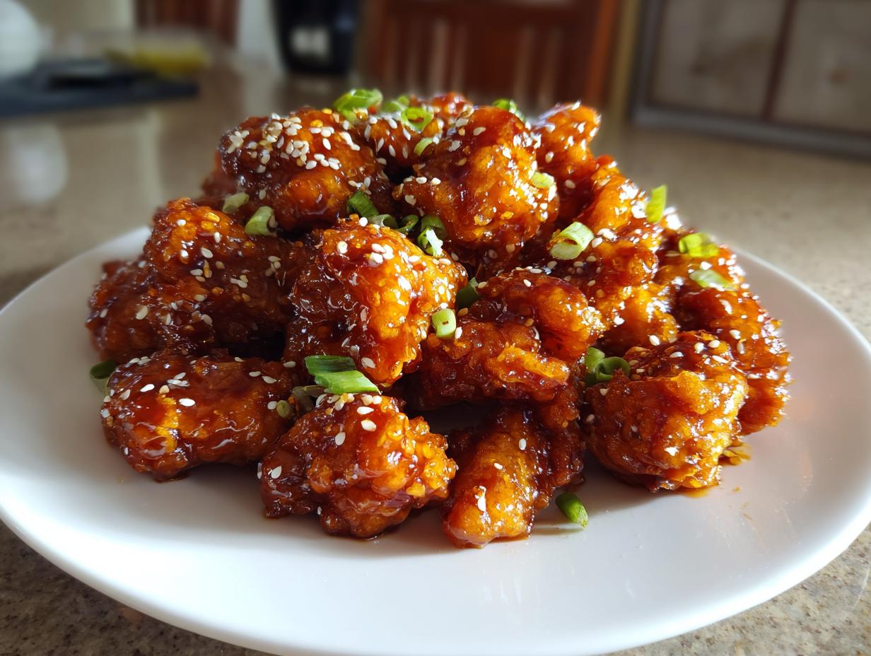 A mound of sticky, glazed orange chicken recipe pieces topped with sesame seeds and chopped green onions on a white plate.