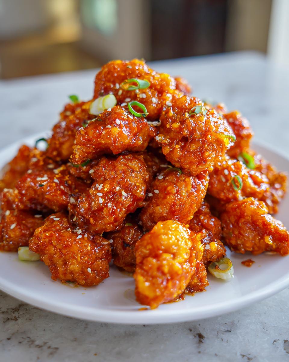 A close-up of crispy, glazed pieces of orange chicken recipe piled high on a white plate, garnished with sesame seeds and green onions.