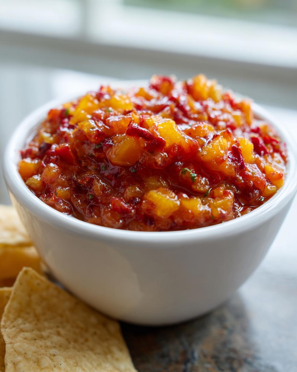 Close-up of vibrant homemade peach salsa served in a white bowl next to tortilla chips.