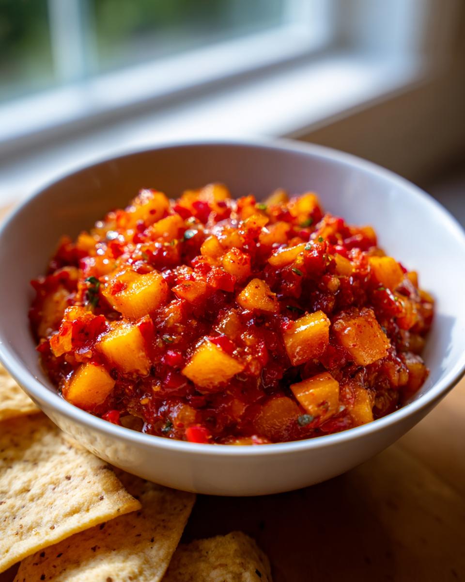 Close-up of a white bowl filled with vibrant, chunky peach salsa next to tortilla chips.