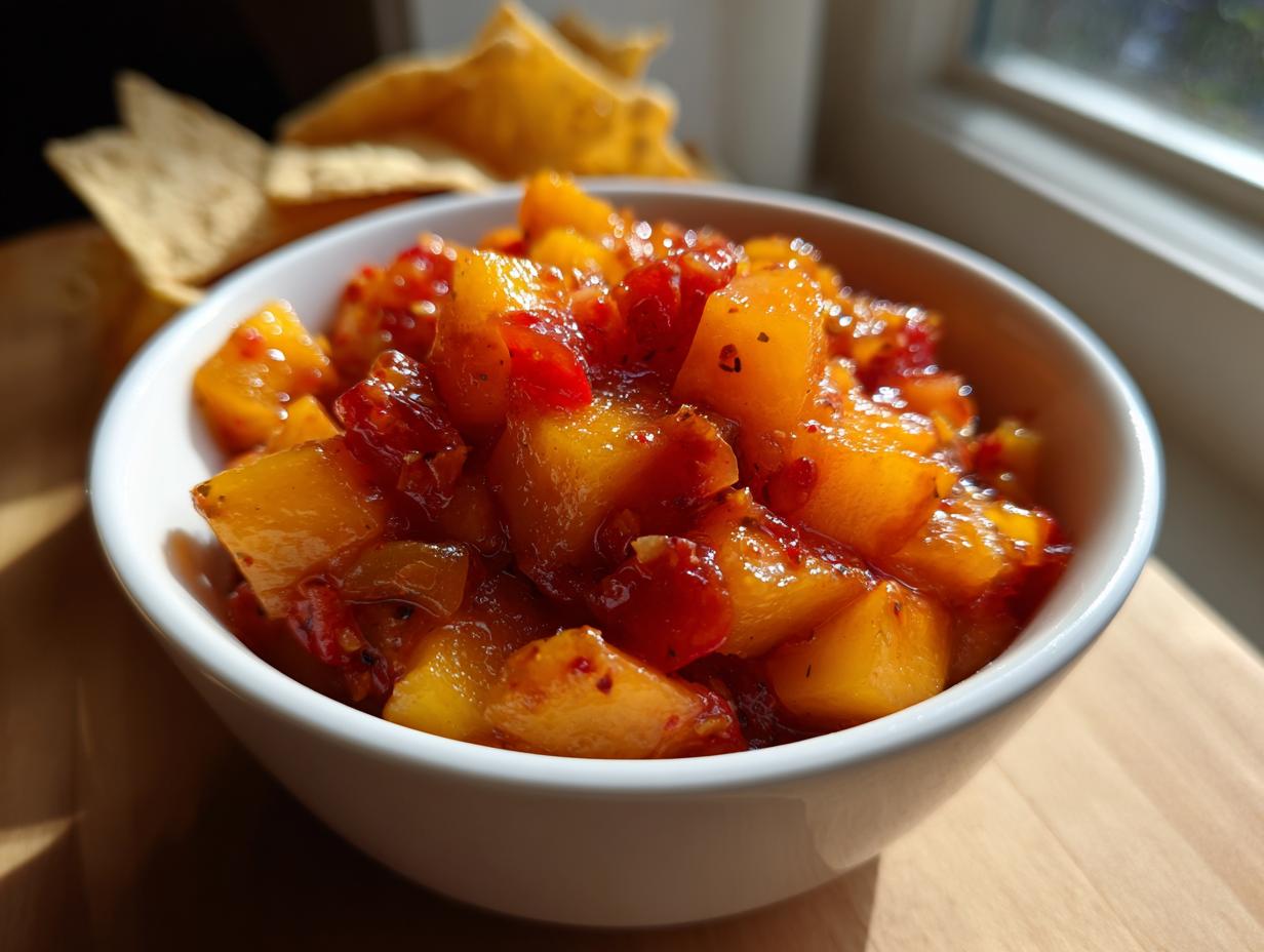 Close-up of vibrant, chunky peach salsa served in a white bowl with tortilla chips blurred in the background.