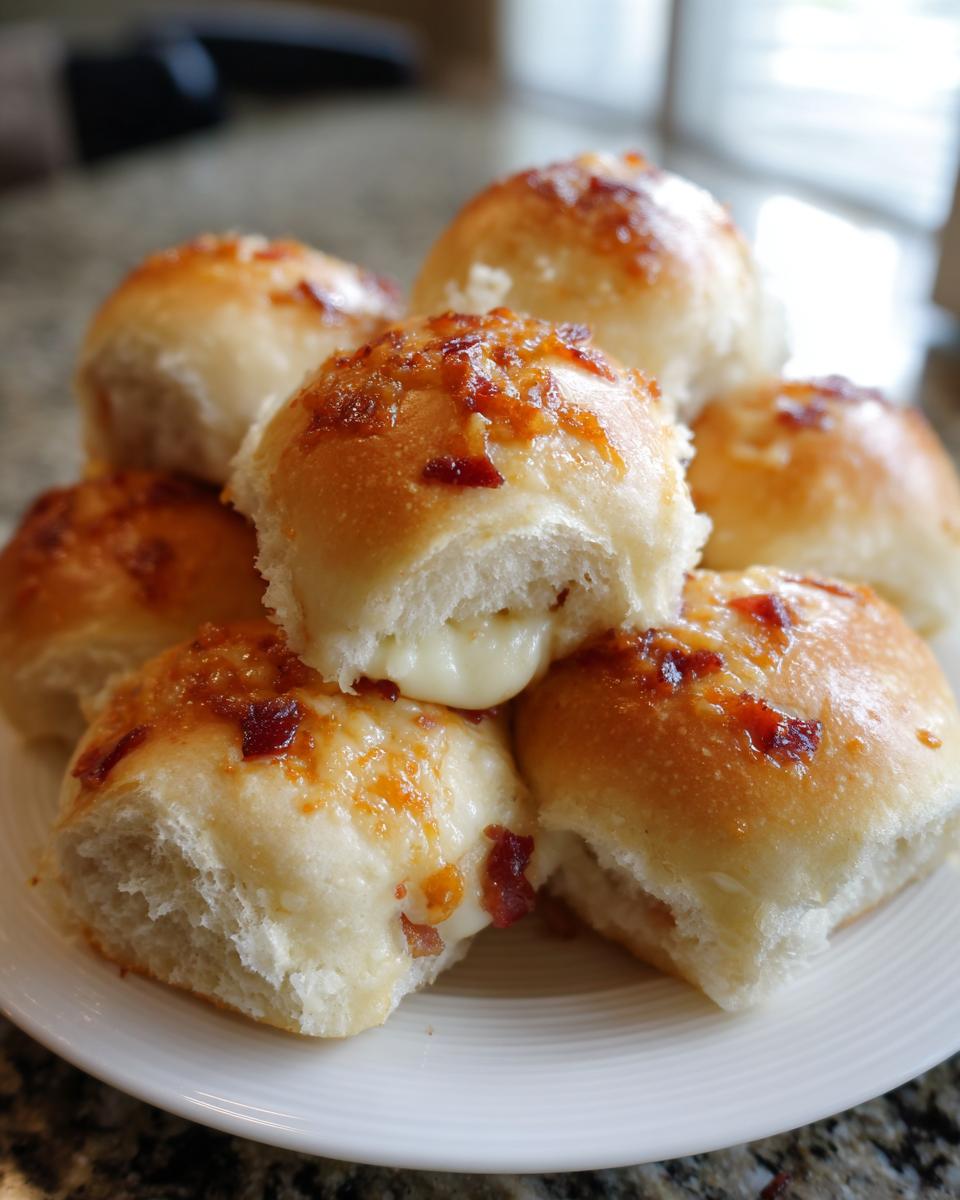 Close-up of soft, baked pizza sliders piled on a white plate, showing melted cheese oozing out.