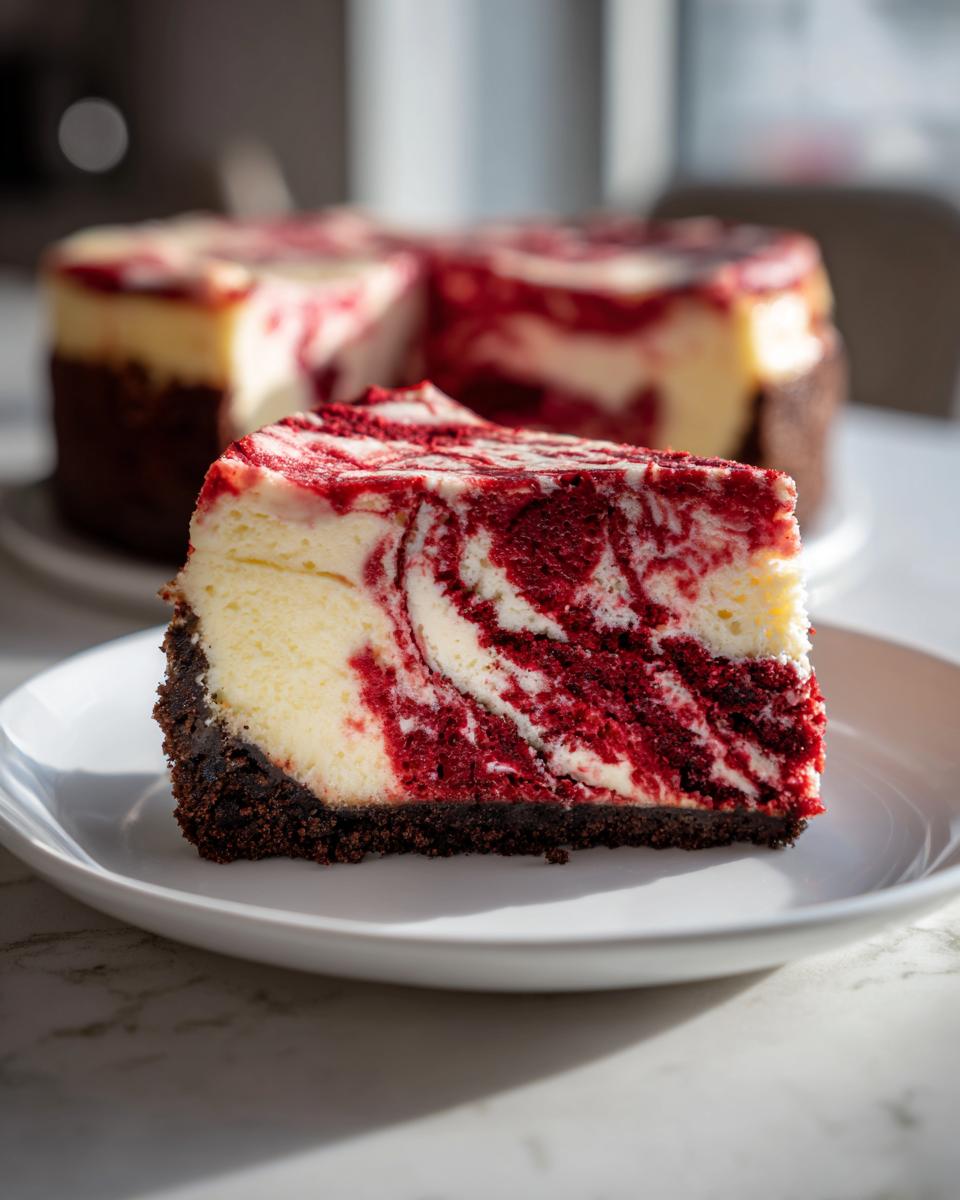 A close-up slice of amazing red velvet cheesecake showing rich red and white swirls on a dark crust, served on a white plate.