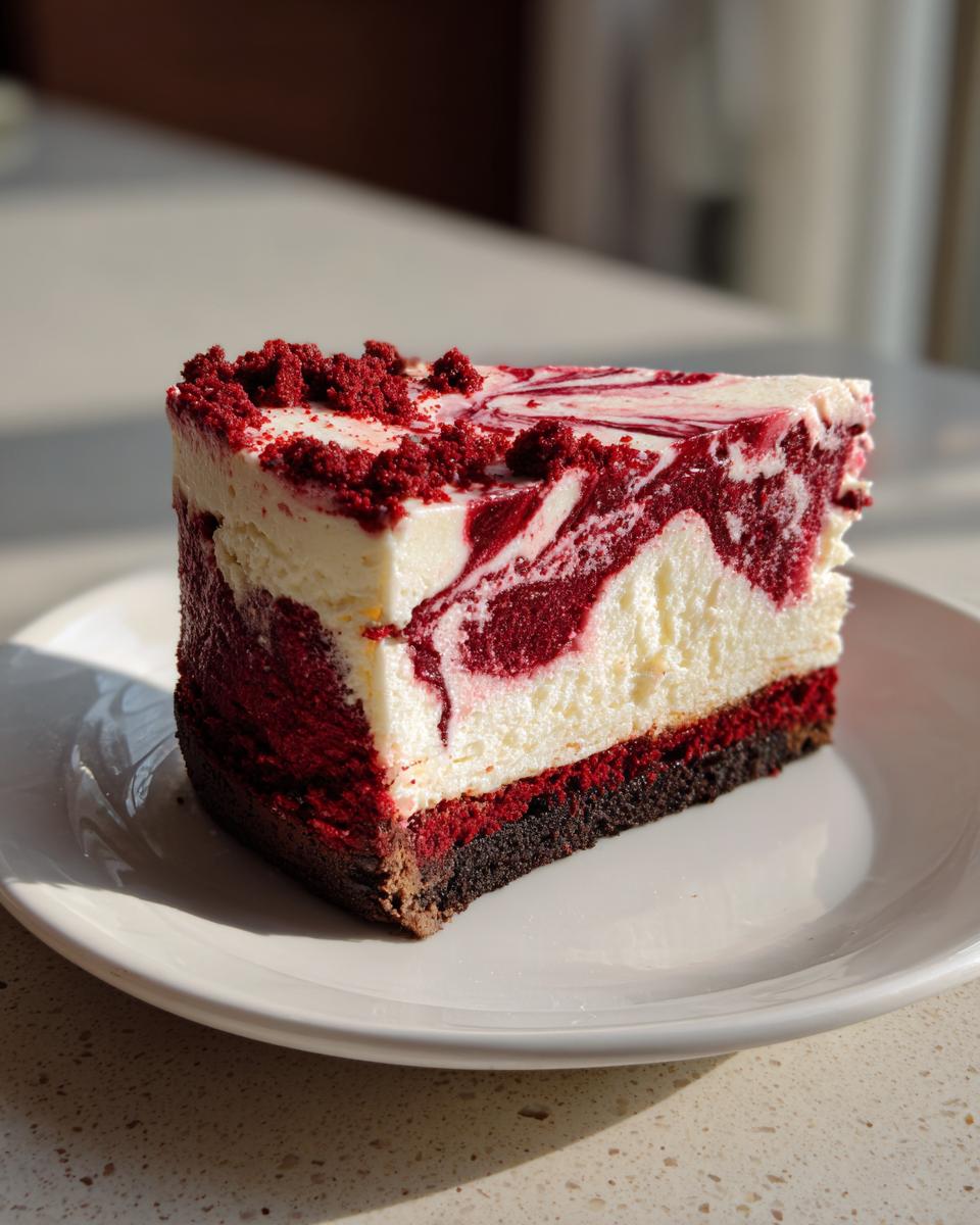 A decadent slice of red velvet cheesecake featuring a marbled red and white top, sitting on a white plate.