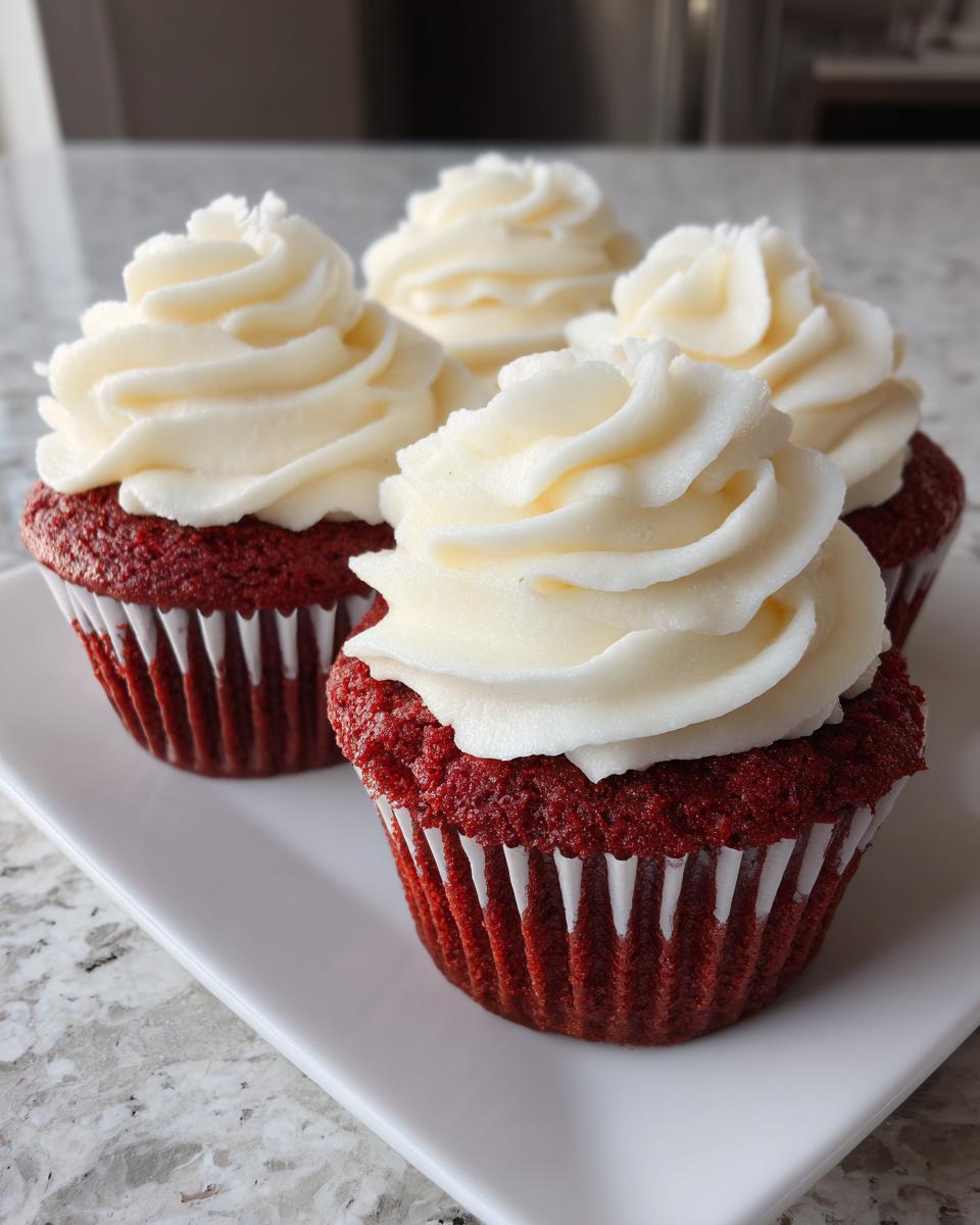Four perfectly frosted red velvet cupcakes with tall swirls of white cream cheese frosting on a white plate.