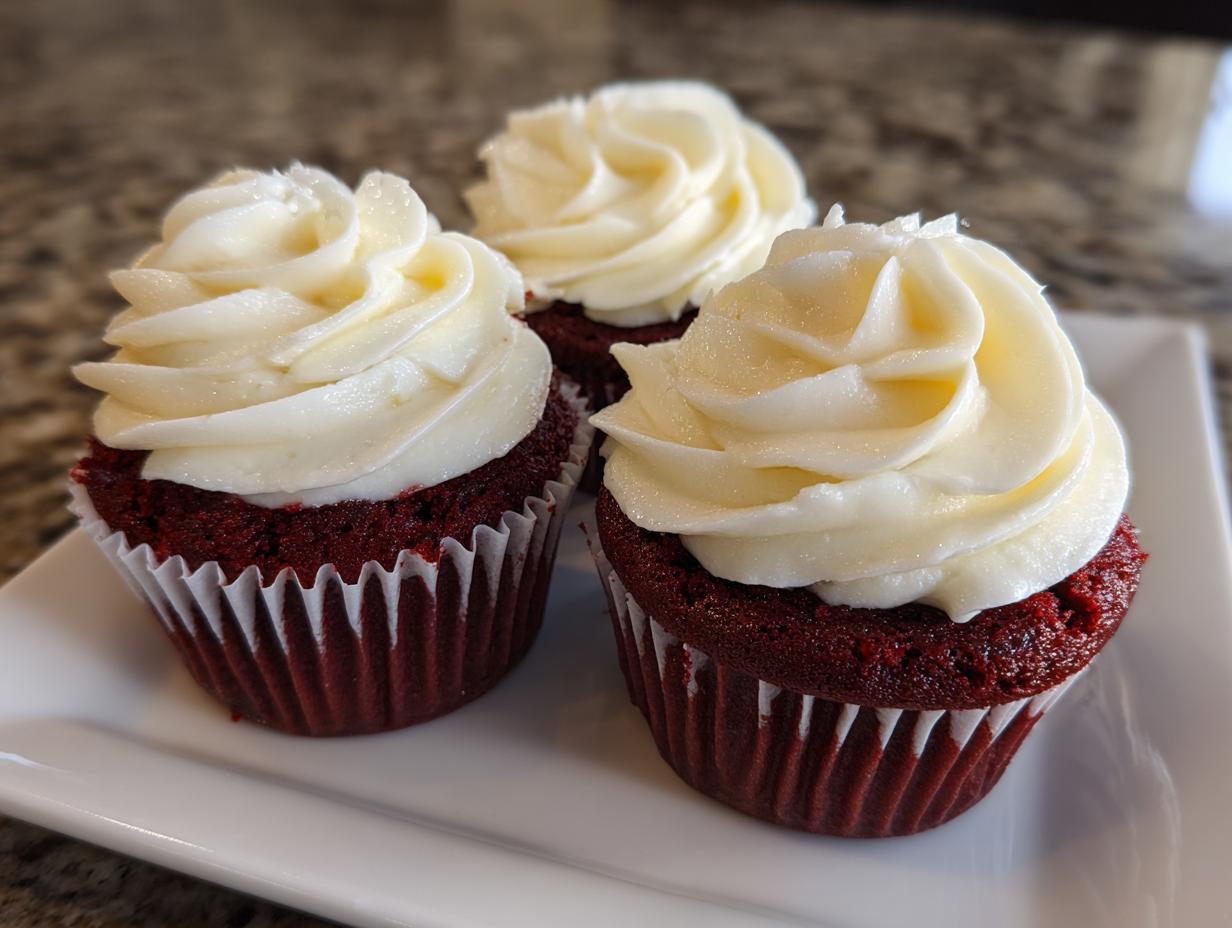 Three beautifully frosted red velvet cupcakes sitting on a white plate, ready to eat.