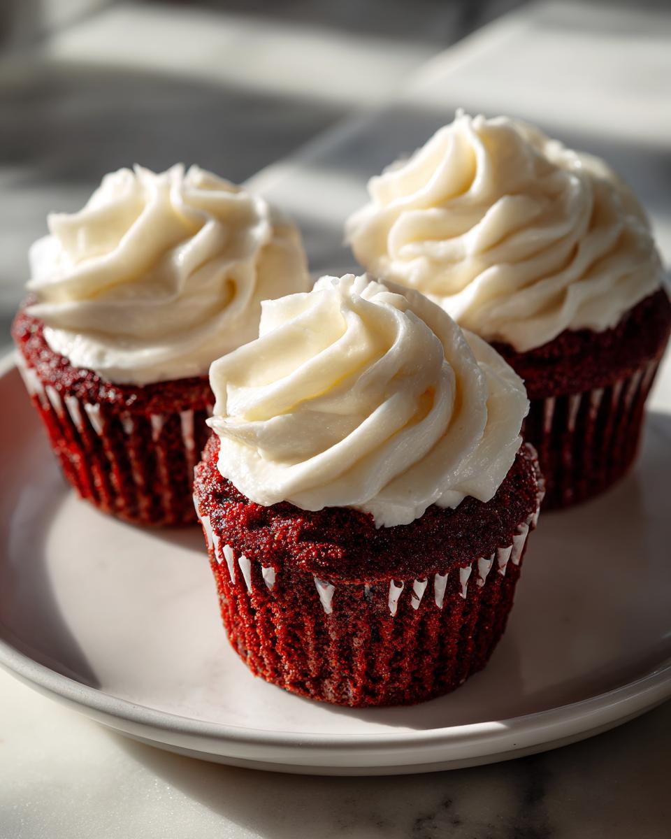 Three decadent red velvet cupcakes topped with swirls of white cream cheese frosting, sitting on a white plate.