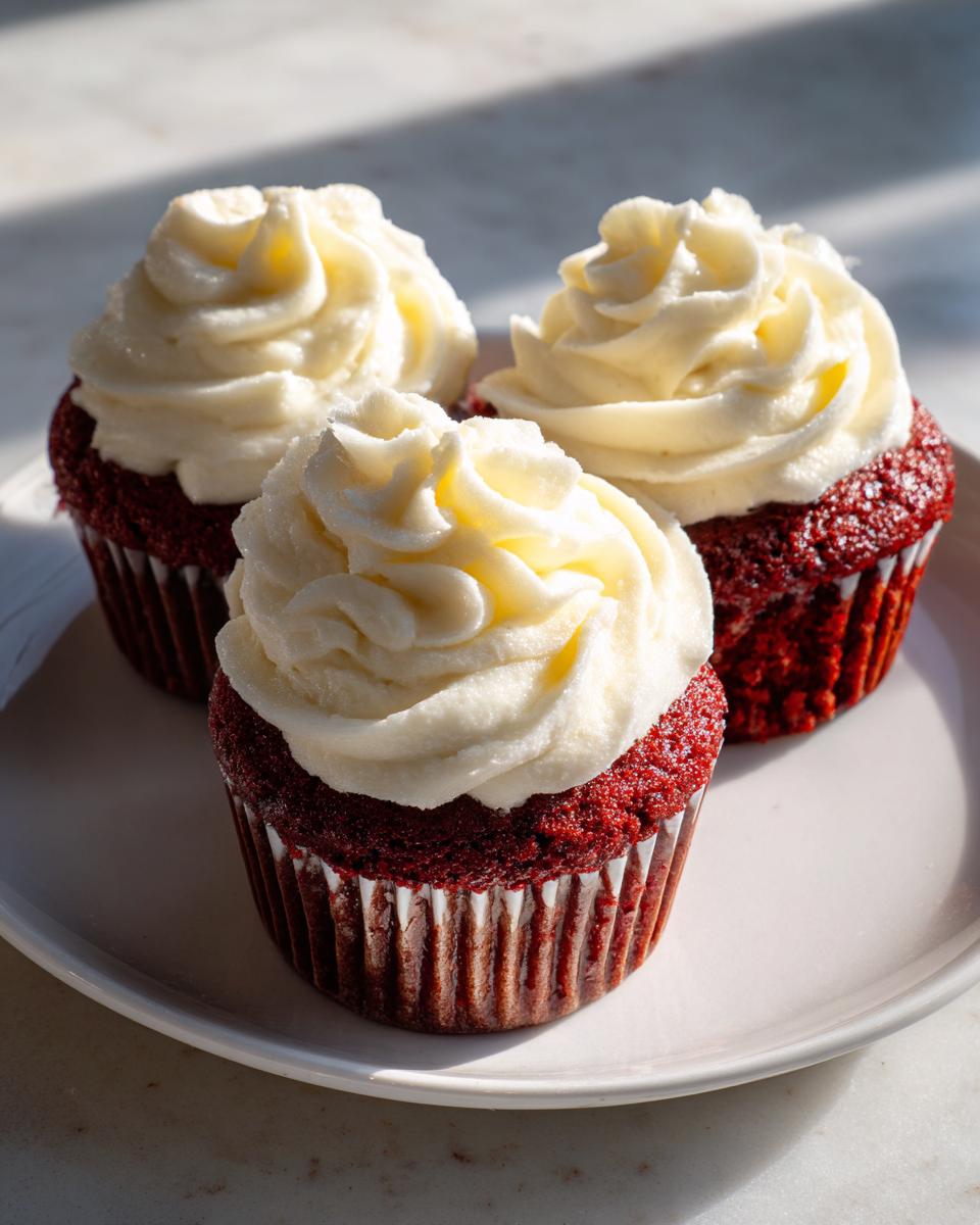 Three rich red velvet cupcakes topped with swirls of bright white cream cheese frosting, sitting on a light plate.