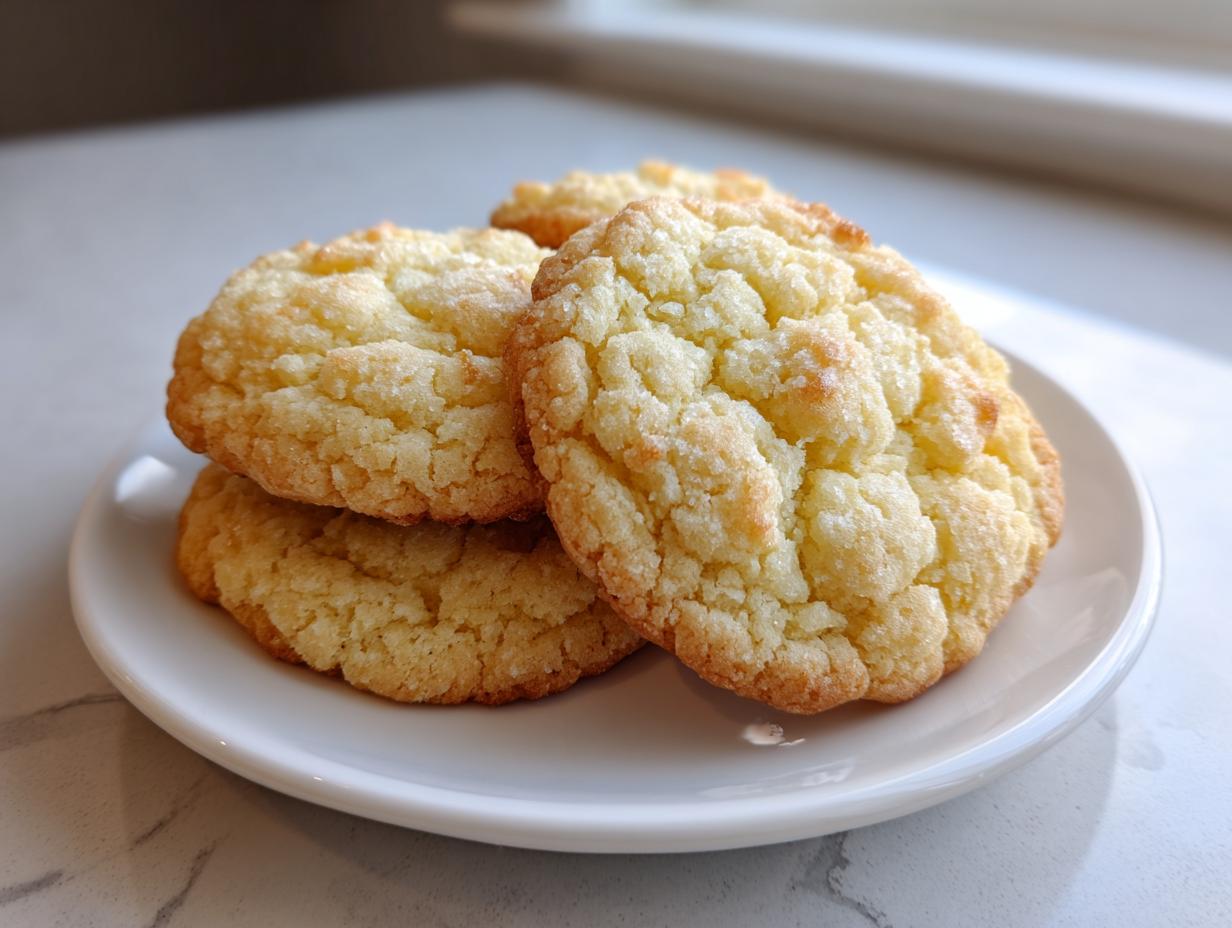 A stack of three golden, crinkly soft sugar cookies resting on a small white plate.